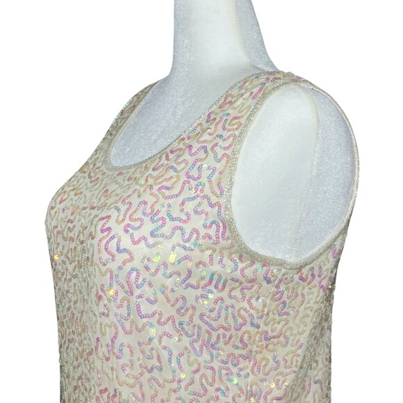 Vintage 90s Y2K 100% Silk White Going Out Top Sequins. Large. Bachelorette Fairy - Picture 7 of 10